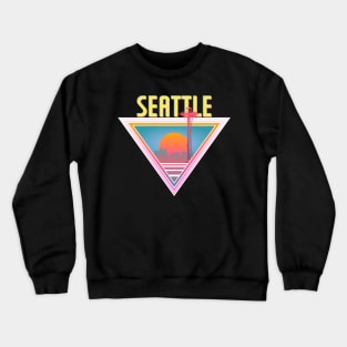 Seattle City Skyline Silhouette Sunrise Retro 80's / 90's Vaporwave Aesthetics - Bright Vintage Design For Sunny Summer Days Crewneck Sweatshirt